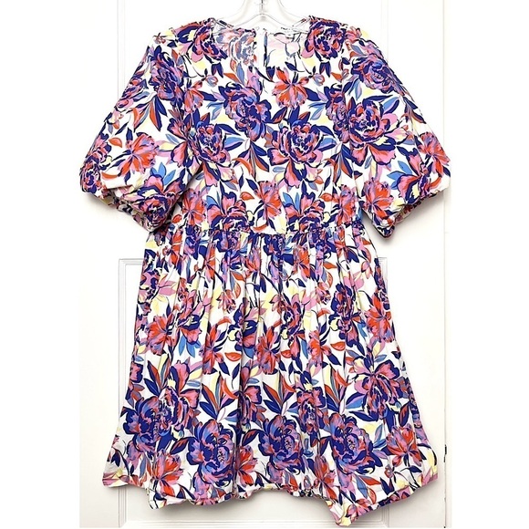 PETER SOM Floral Print Cotton Puff Short Sleeve Crew Neck Babydoll Mini Dress 12 - Picture 3 of 9